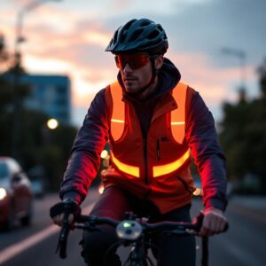 Safety vest featuring signal lights for enhanced visibility while cycling.